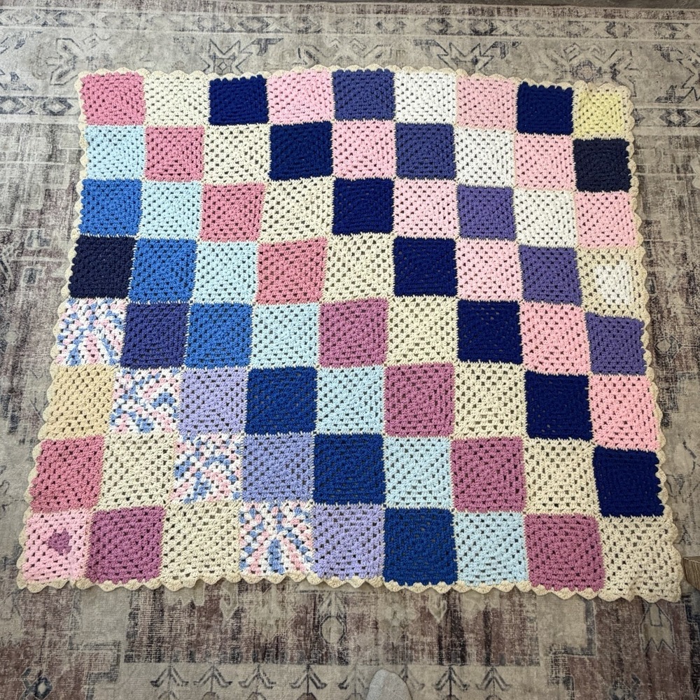 Vintage Crochet Granny Square Blanket Throw 57x50 Handmade Afghan Retro Pastel